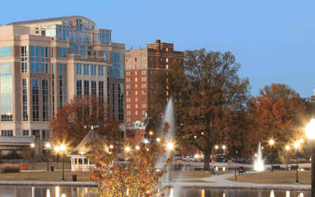 A city with trees and buildings.