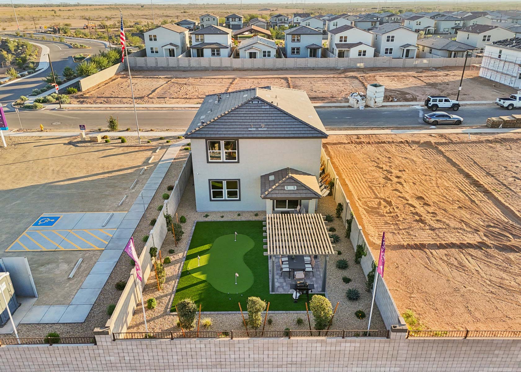 A small white house.