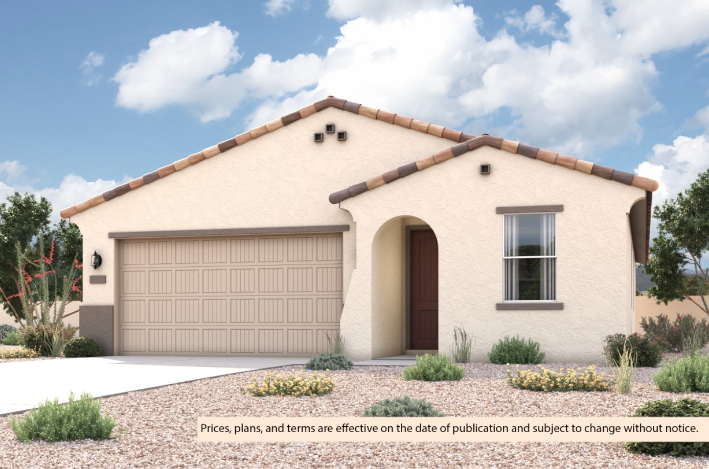 New Home classic modern exterior elevation rendering of 1 story 3-bedroom floor plan in Maricopa AZ USDA Loan VA Loan Eligible Near 347 with community amenities near park