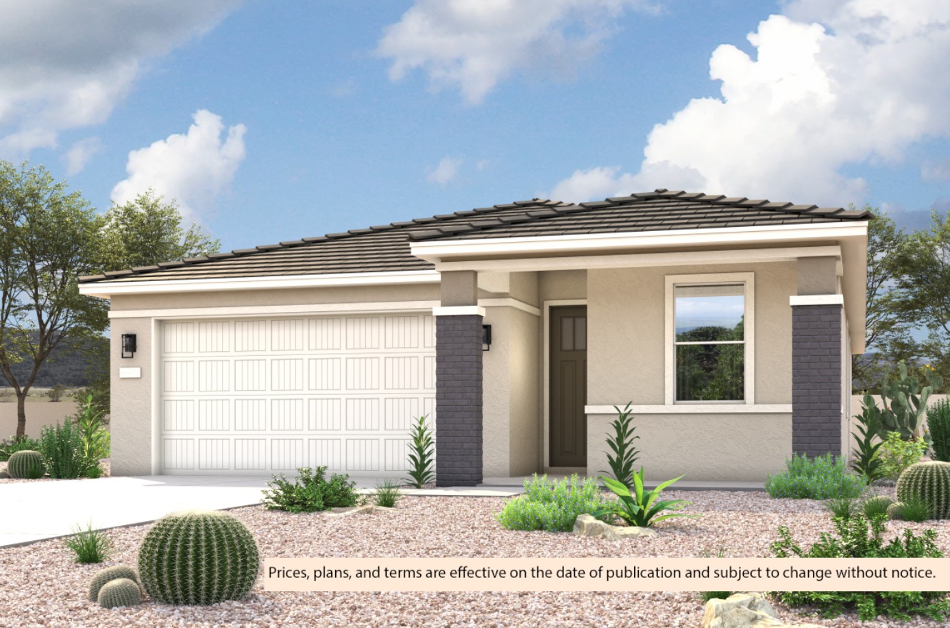New Home modern Ranch exterior elevation rendering of 1 story 3-bedroom floor plan in Maricopa AZ USDA Loan VA Loan Eligible Near 347 with community amenities near park