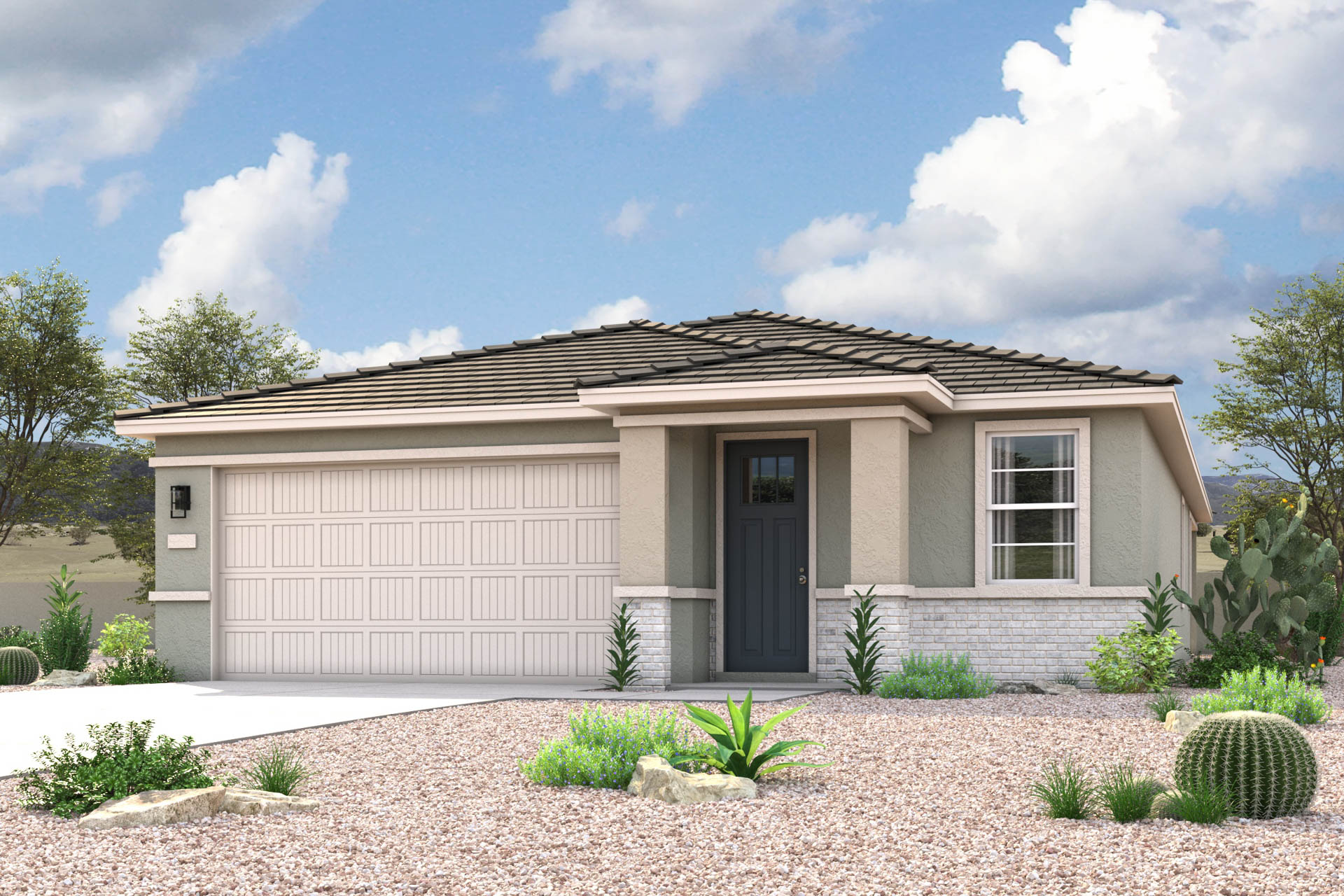 Modern Praire exterior elevation rendering of 1 story 3-bedroom New Home floor plan in Maricopa AZ USDA Loan VA Loan Eligible Near 347 with community amenities near park