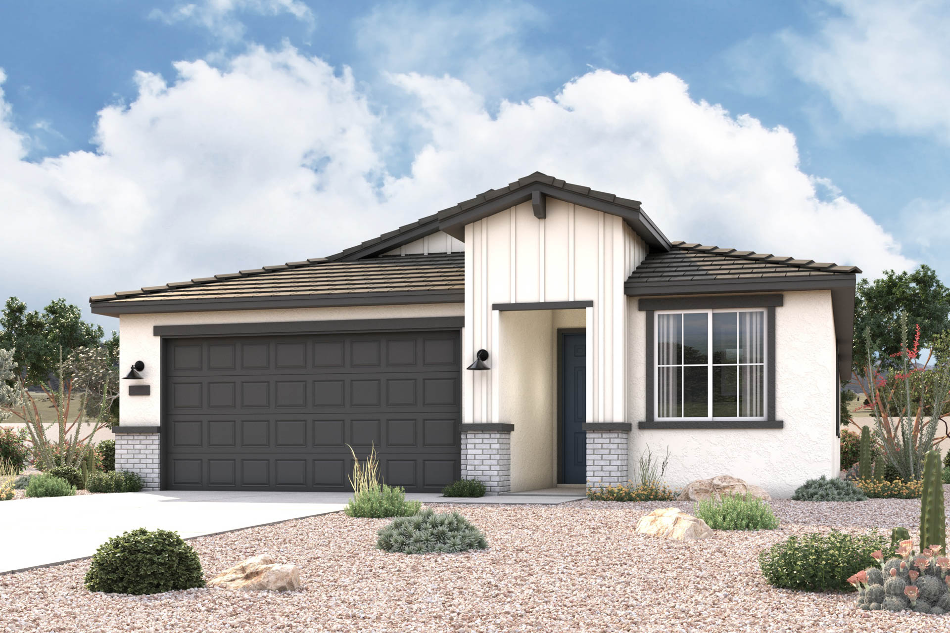 Farmhouse exterior elevation rendering of 1 story 3-bedroom New Home floor plan in Maricopa AZ USDA Loan VA Loan Eligible Near 347 with community amenities near park
