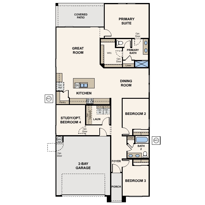 Diagram, engineering drawing of a Spanish New Home floor plan at Palomino Ranch of 1 story 3-4 bedroom floor plan in Maricopa AZ USDA Loan VA Loan Eligible Near 347 with community amenities near park