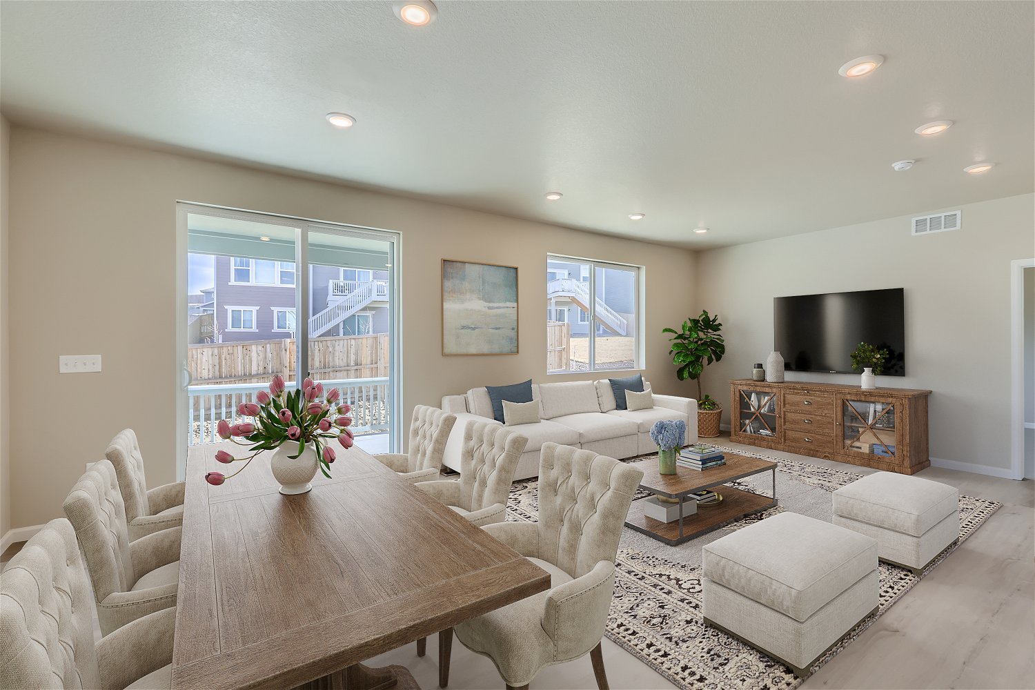 A living room with a large window.
