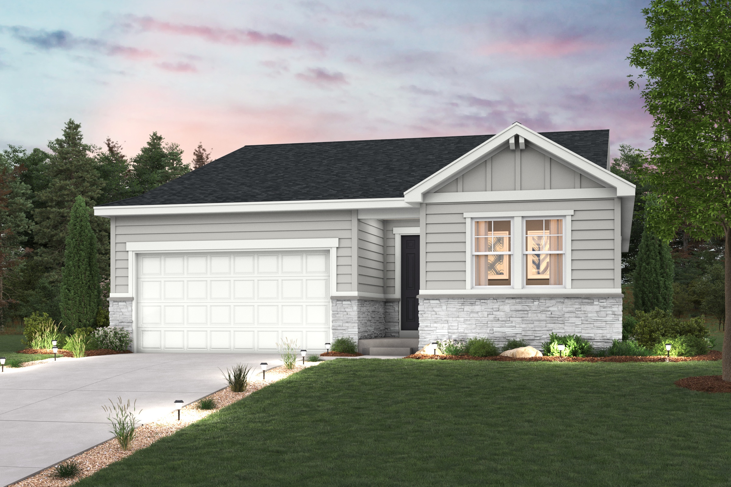 Cimarron Elevation C rendering with landscaping, garage, driveway and exterior paint colors 