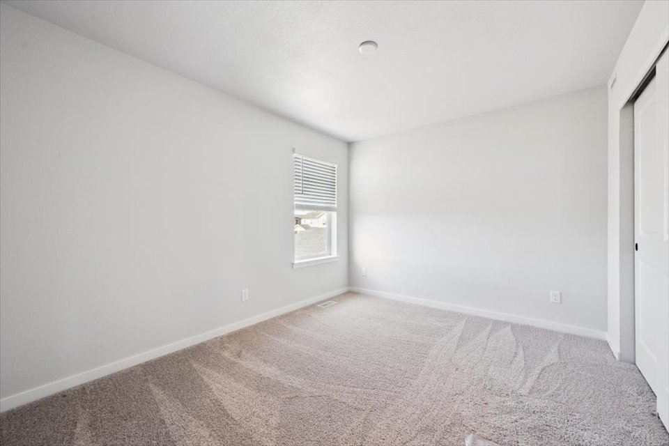 A room with a carpet and a window.