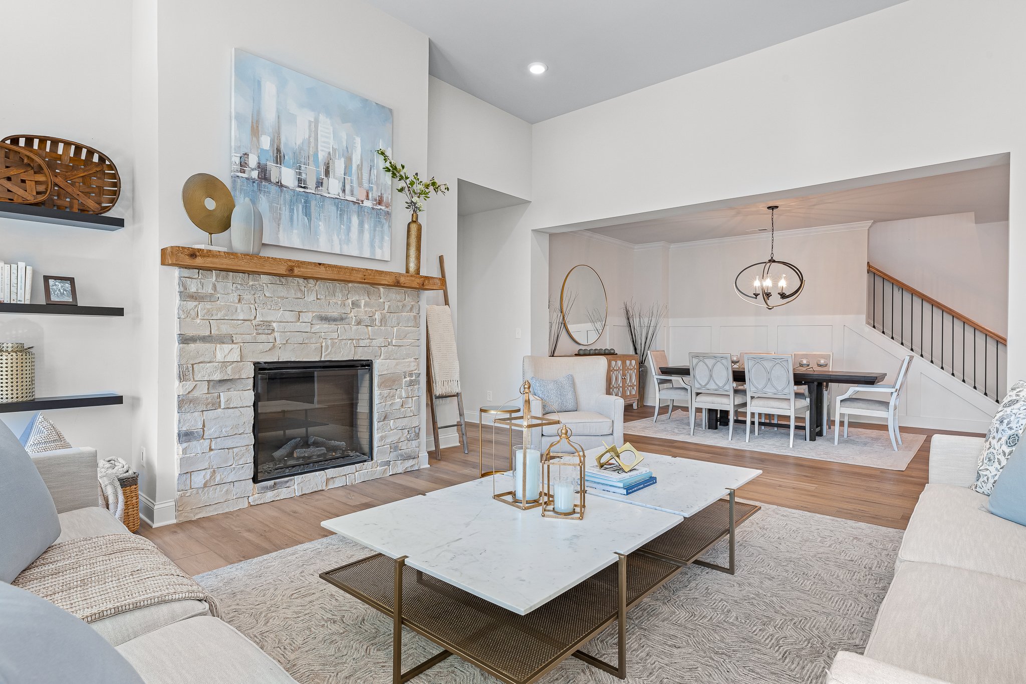 A living room with a fireplace.