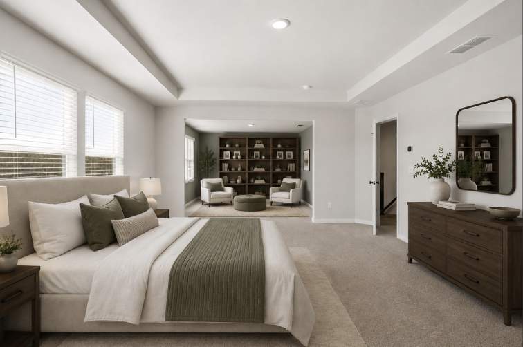 A bedroom with a bed and a mirror.