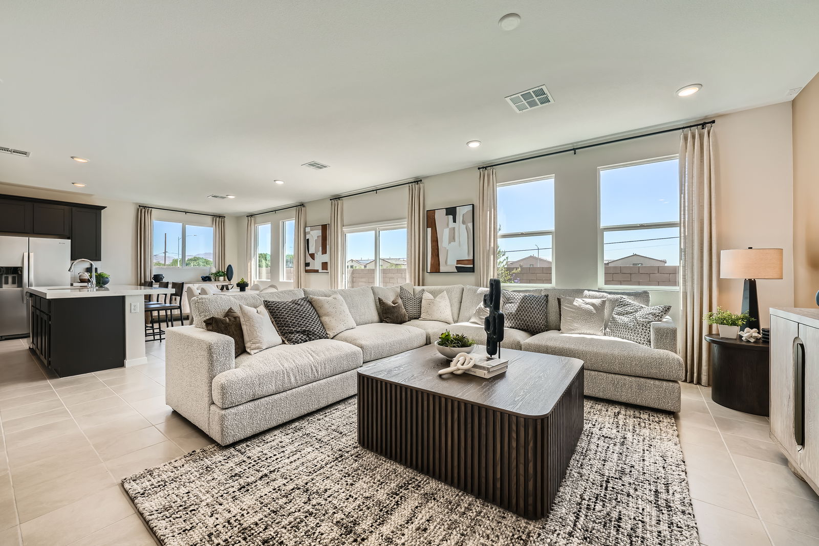 A living room with a large window.