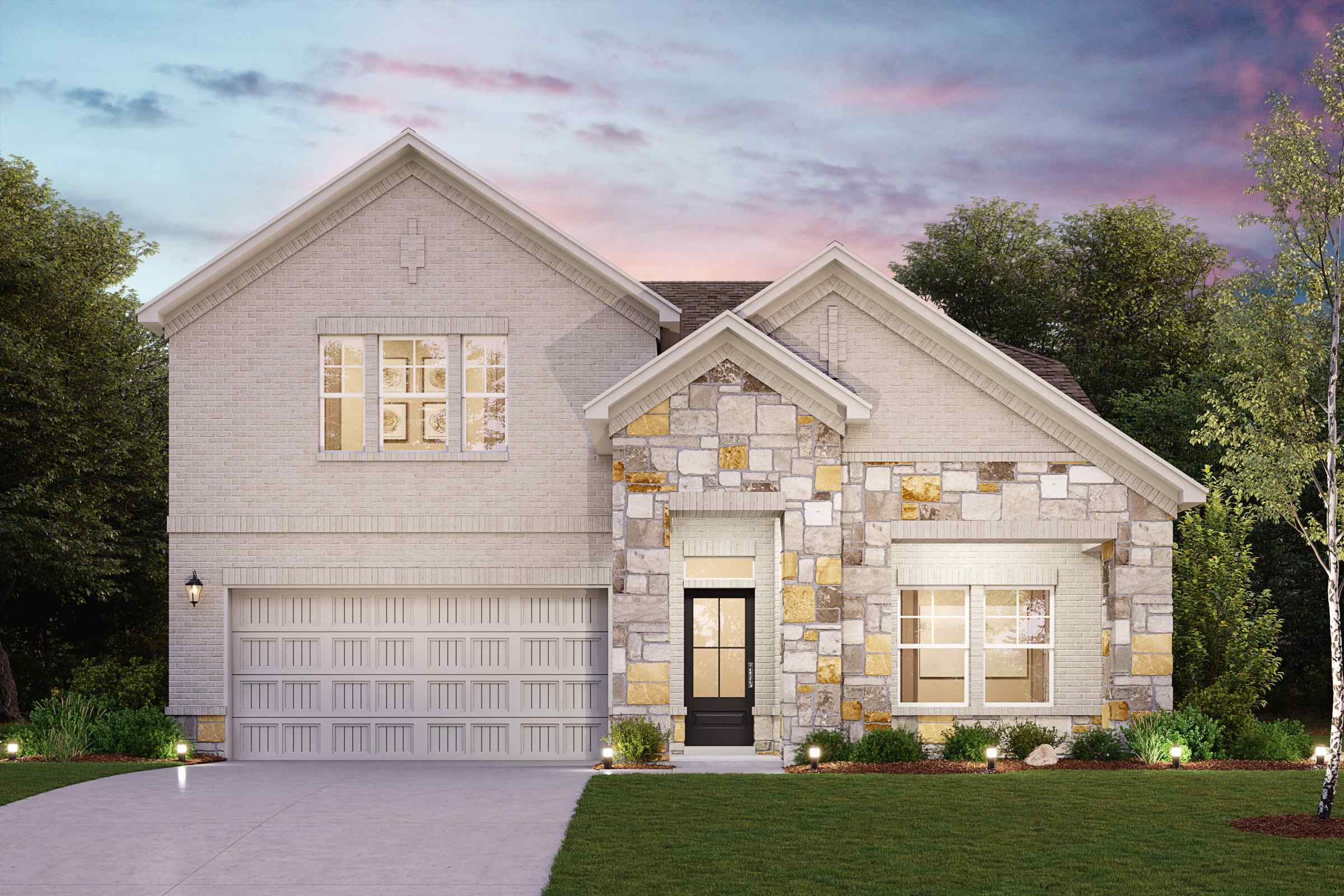 A house with a driveway and a lawn in front of it.