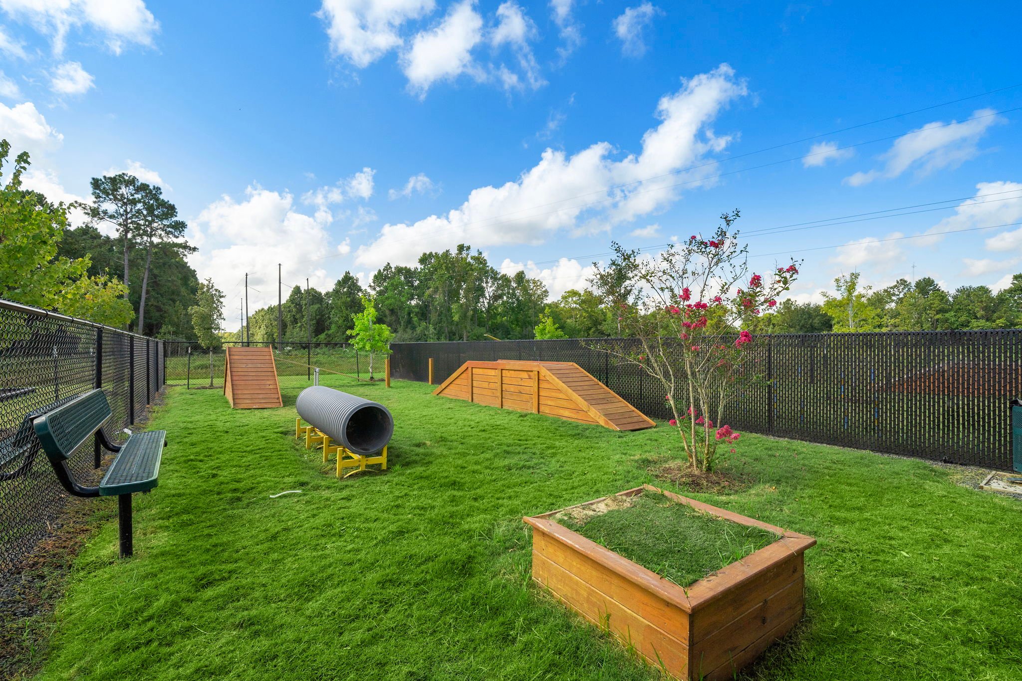 A backyard with a fence and a tree with a flower box.