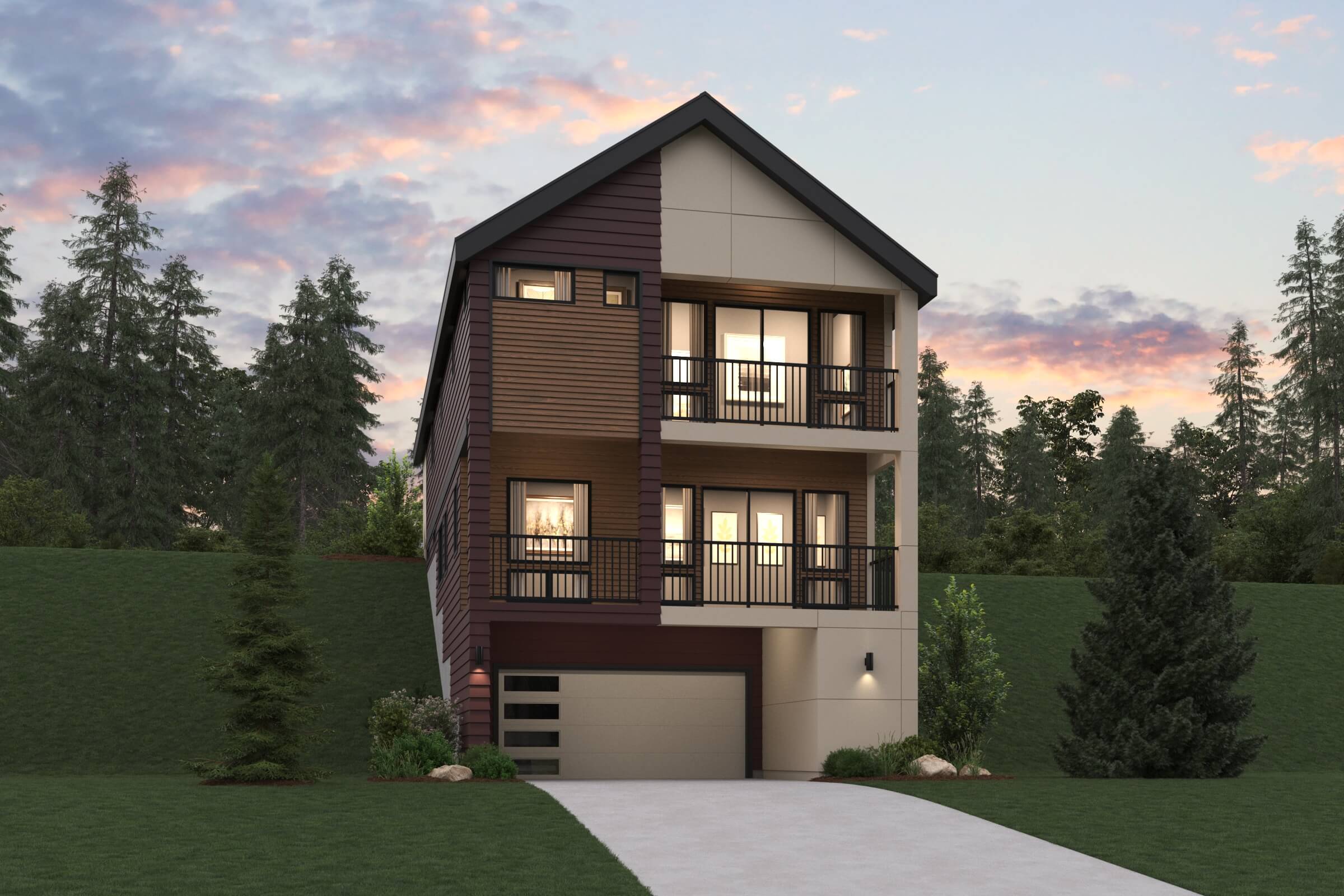 A house with a driveway and trees.