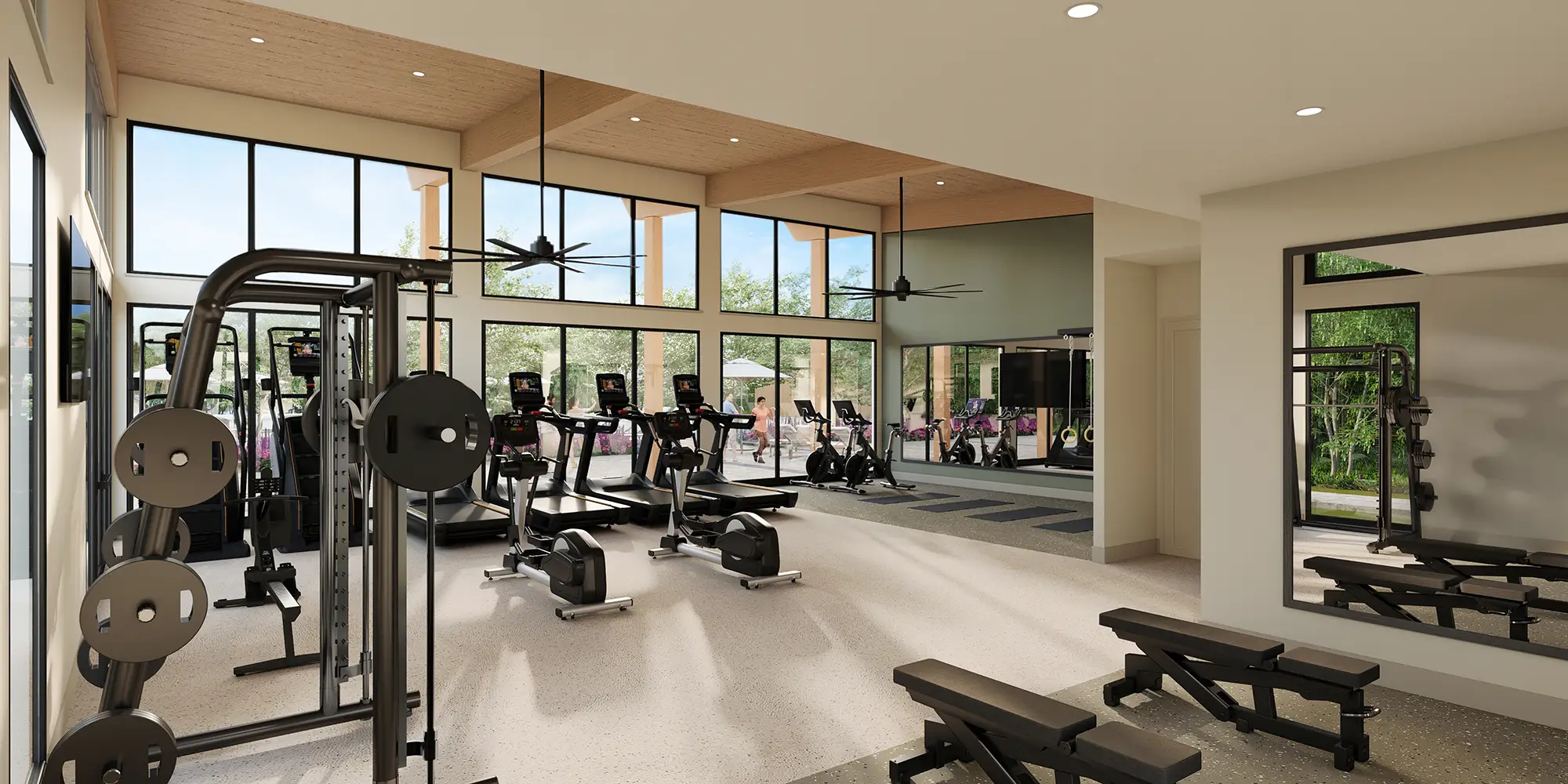 A gym with exercise equipment.