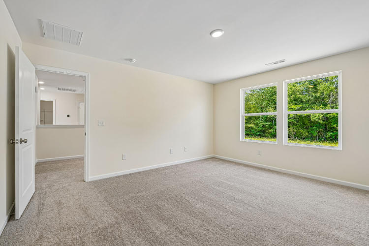 A room with a carpet and windows.