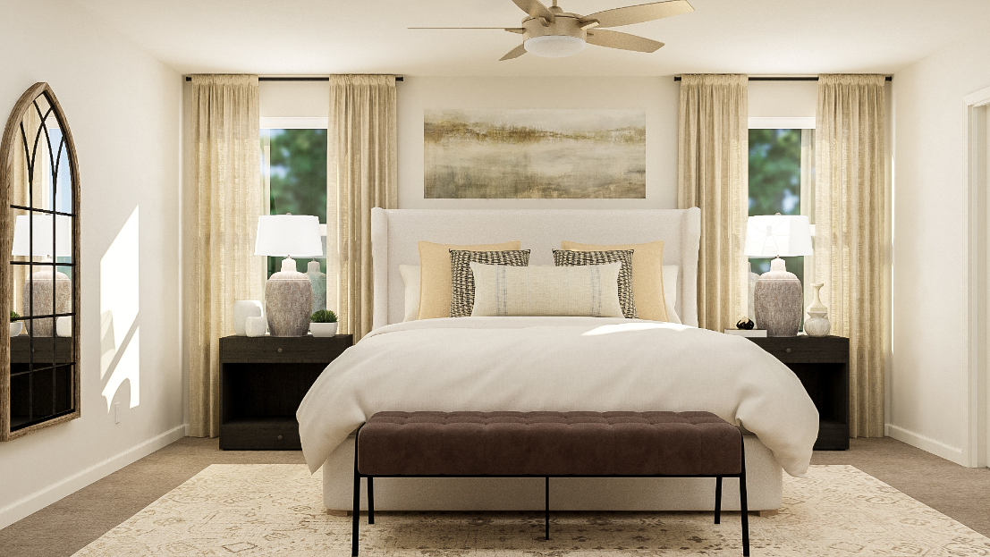 A bedroom with a large bed.