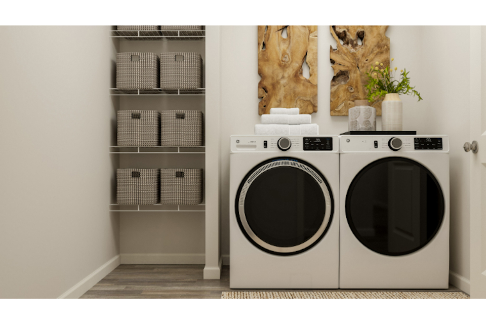 A white washing machine and a white shelf with a plant on it.