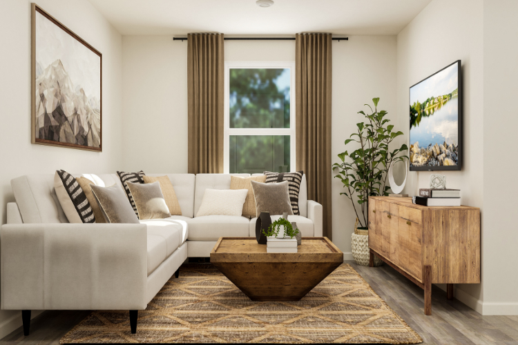 A living room with a couch and coffee table.